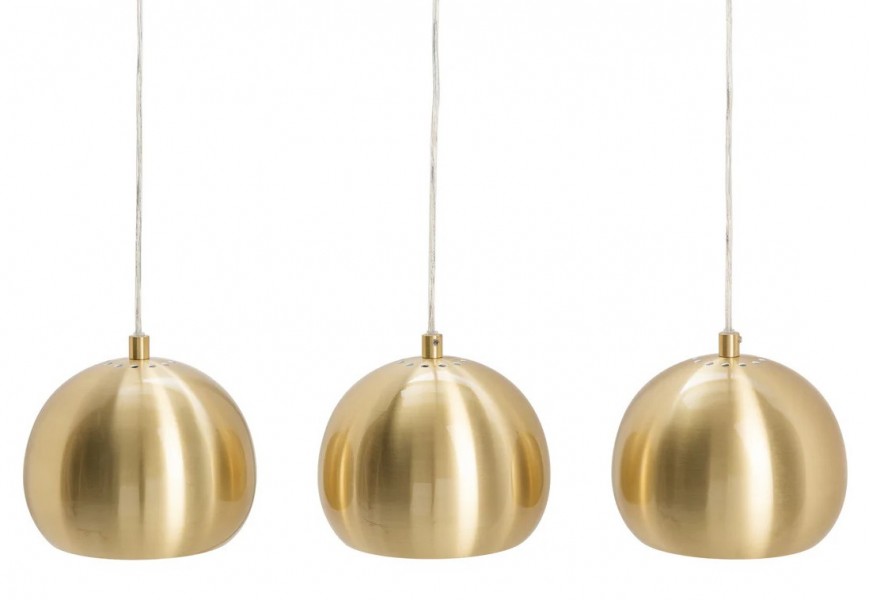 Glamour zlatý kovový luster Amaris s obdĺžnikovou konštrukciou s tromi zavesenými tienidlami okrúhleho tvaru na transparentných kábloch