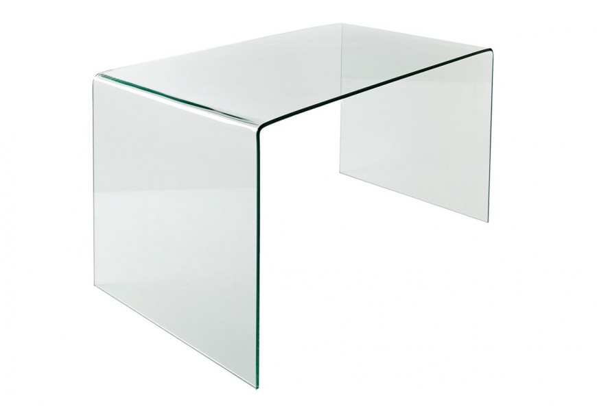 Moderný číry písací stôl Ghost z jedného kusu ohýbaného tvrdeného skla s oblými hranami a elegantnou bezspojovou konštrukciou