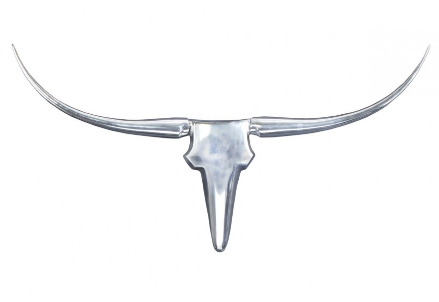 Glamour závesná nástenná dekorácia Silver Bull z chrómovaného kovu v striebornej farbe s lesklým hladkým povrchom a dlhými rohmi