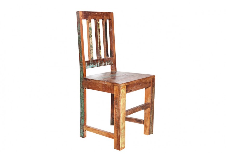 Vintage jedálenská stolička Jakarta z masívneho dreva s hranatým operadlom a farebnou patinou v hnedých a zelených tónoch