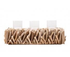 Etno hnedý obdĺžnikový drevený svietnik Isaal s naplaveným drevom a tromi sklenenými držiakmi na sviečky 50 cm