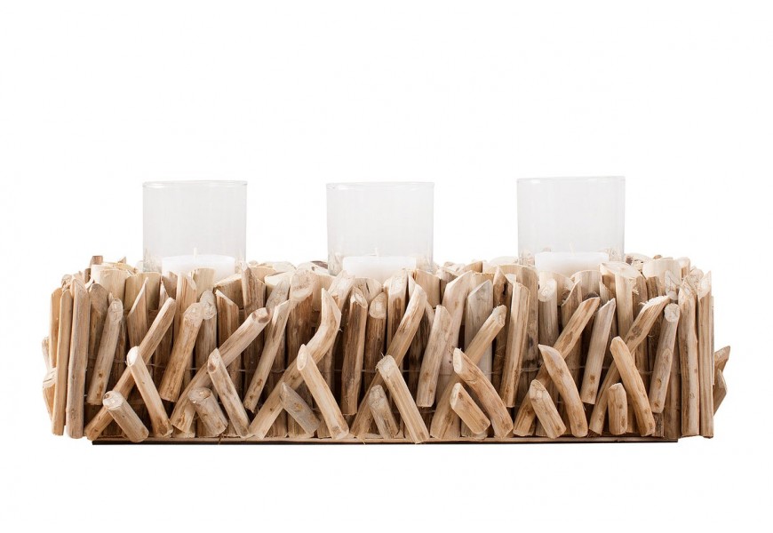 Etno hnedý obdĺžnikový drevený svietnik Isaal s naplaveným drevom a tromi sklenenými držiakmi na sviečky 50 cm