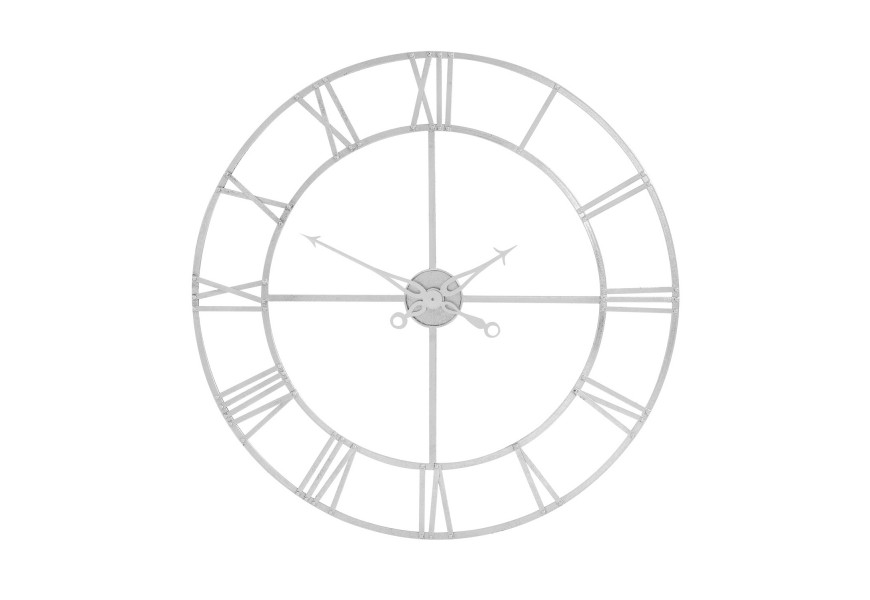 Vintage okr&uacute;hle n&aacute;stenn&eacute; hodiny Factory z kovu v striebornej farbe s r&iacute;mskymi č&iacute;slicami 102 cm