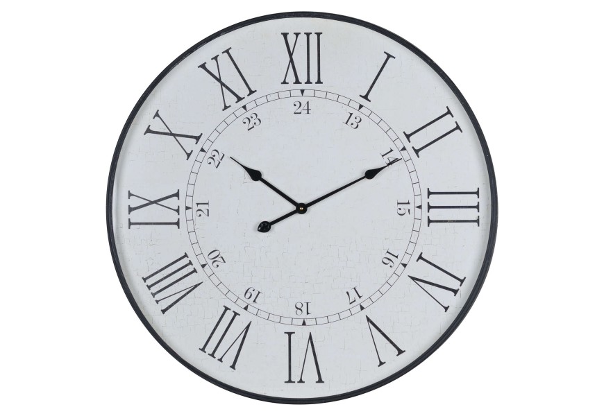 Vintage veľké nástenné okrúhle hodiny Union Station s čiernym dreveným rámom s patinou a ciferníkom s rímskymi číslicami