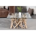 Etno štvorcový konferenčný stolík Sumba so svetlou hnedou drevenou podstavou z vetiev a sklenenou doskou 80 cm