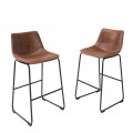 Štýlová kožená hnedá čalúnená barová stolička Django s bielym prešívaným lemom a čiernou kovovou konštrukciou 100 cm 