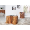 Jedinečný etno okrúhly nepravidelný hnedý masívny príručný stolík Pure z akáciového dreva 50 cm