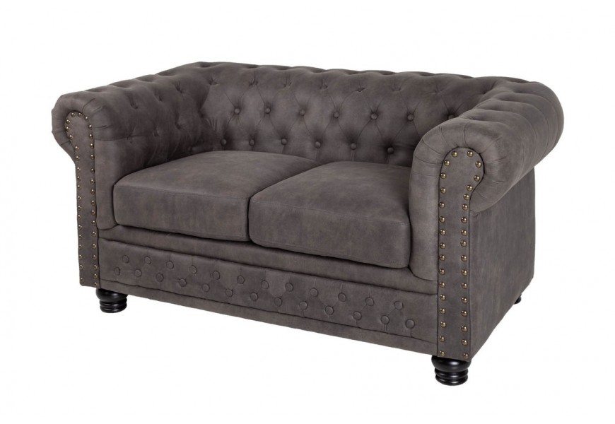 Luxusná obdĺžniková dvojmiestna čalúnená prešívaná sivá sedačka Chesterfield Grau so zlatými nitmi 150 cm