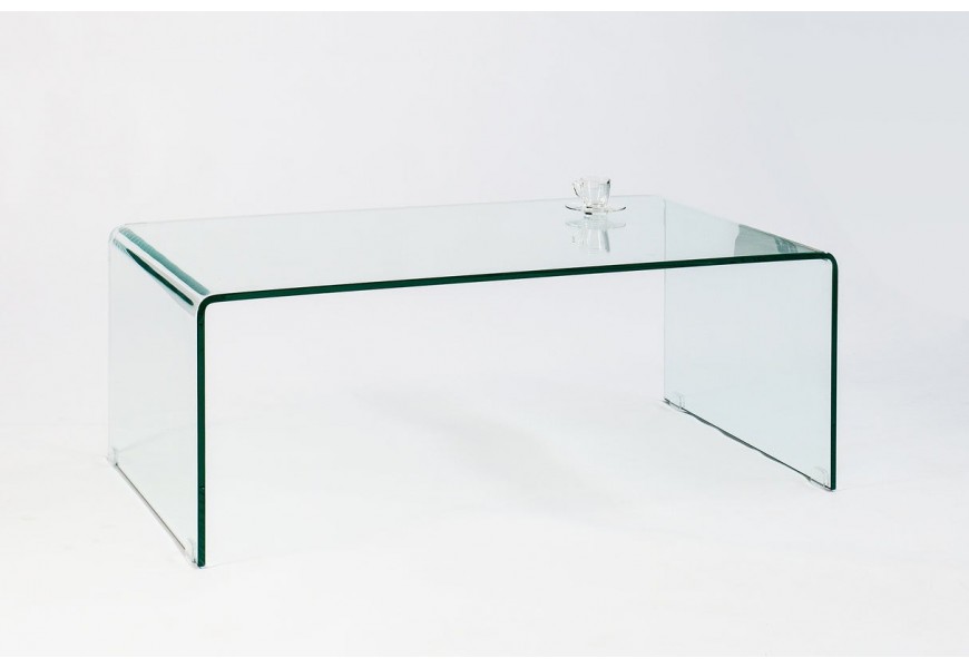 Moderný dizajnový konferenčný stolík Ghost z priehľadného tvrdeného skla s oblými rohmi a ohnutou sklenenou konštrukciou