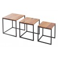 Industriálna sada troch štvorcových masívnych príručných stolíkov Fusion s hnedou doskou a kovovou čiernou konštrukciou 40 cm