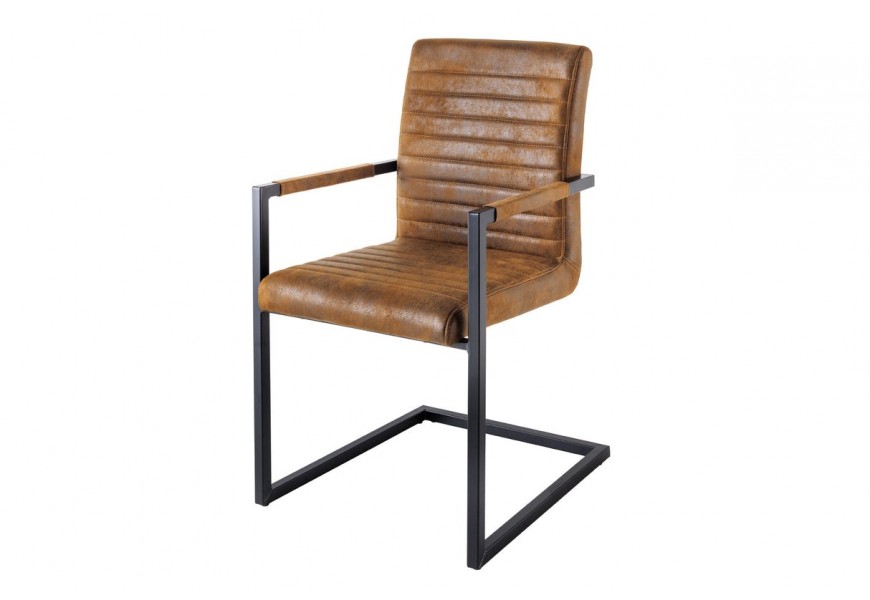 Industriálna čalúnená kožená konzolová jedálenská stolička Imperial s prešívaním a kovovou čiernou konštrukciou 90 cm