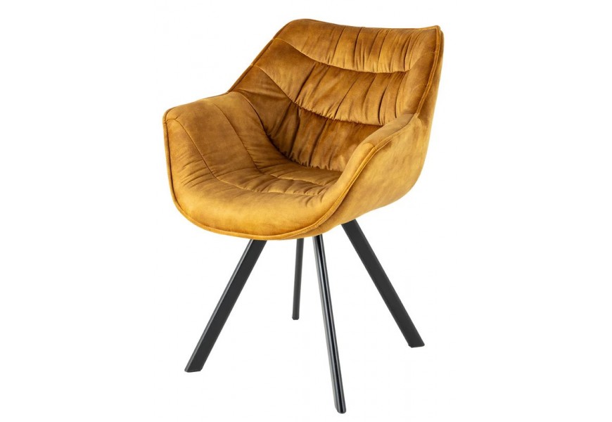 Retro horčicovo žlté jedálenské kreslo Monzana potiahnutá zamatovou textíliou s dekoratívnym prešívaným s opierkami na ruky s čiernymi matnými nohami z kovu