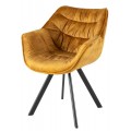 Retro horčicovo žlté jedálenské kreslo Monzana potiahnutá zamatovou textíliou s dekoratívnym prešívaným s opierkami na ruky s čiernymi matnými nohami z kovu