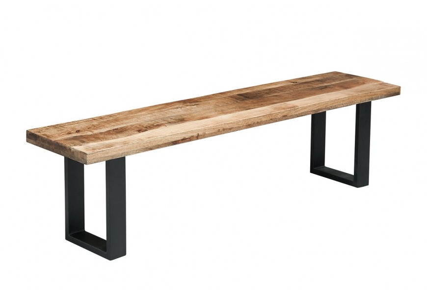 Industriálna lavica Steele Craft z masívneho mangového dreva s hnedým povrchom s čiernymi kovovými hranatými nožičkami v tvare U bez opierok