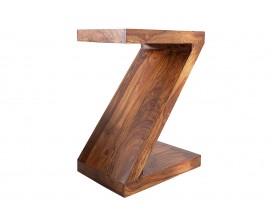 Dizajnový masívny etno atypický príručný stolík Zet v tvare písmena Z v hnedej farbe 45 cm