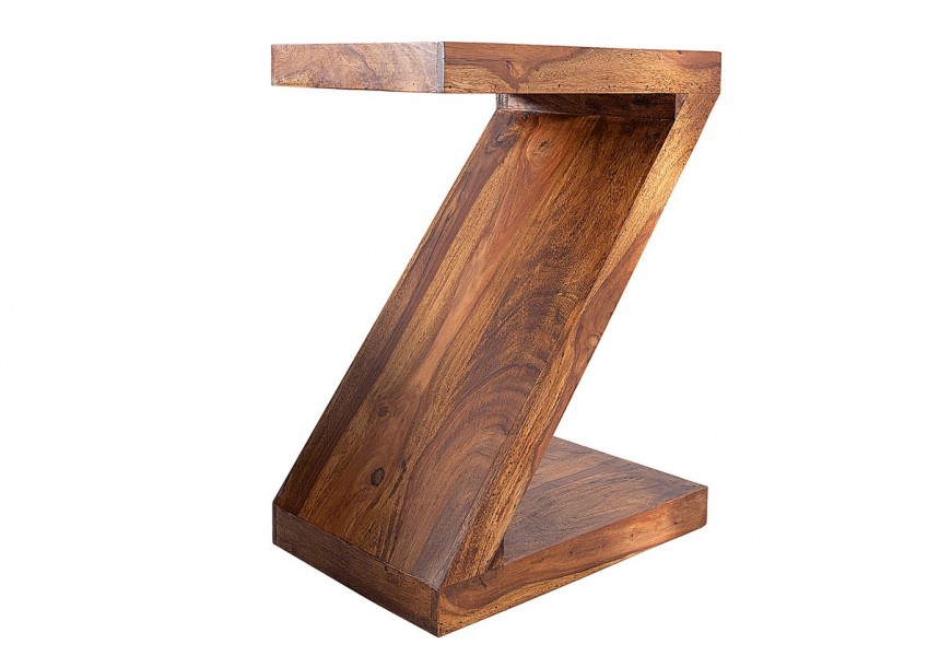 Dizajnový masívny etno atypický príručný stolík Zet v tvare písmena Z v hnedej farbe 45 cm