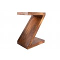 Dizajnový masívny etno atypický príručný stolík Zet v tvare písmena Z v hnedej farbe 45 cm