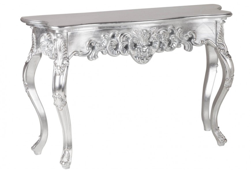 Štýlový barokový obdĺžnikový konzolový stolík Venice v striebornej farbe z dreva so zdobením a kabriolovými nožičkami 110 cm