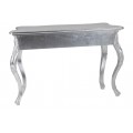 Štýlový barokový obdĺžnikový konzolový stolík Venice v striebornej farbe z dreva so zdobením a kabriolovými nožičkami 110 cm