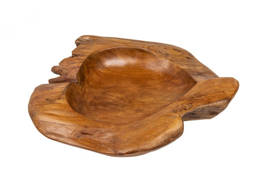 Vidiecky masívna misa na ovocie Kory z hnedého teakového dreva s nepravidelným okrúhlym tvarom a hladkým povrchom s viditeľnou štruktúrou
