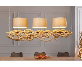 Vidiecka závesná lampa Hestia s drevenou konštrukciou prírodnej hnedej farby a s tromi ľanovými tienidlami 165cm