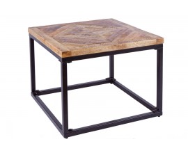 Etno štvorcový príručný stolík Frida z masívneho dreva sparketovým dizajnom vrchnej dosky a čiernou kovovou konštrukciou 60 cm