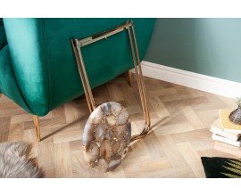 Art deco okrúhly príručný stolík Jaspe so zlatou kovovou podstavou a odnímateľnou doskou z modrého achátu 61 cm