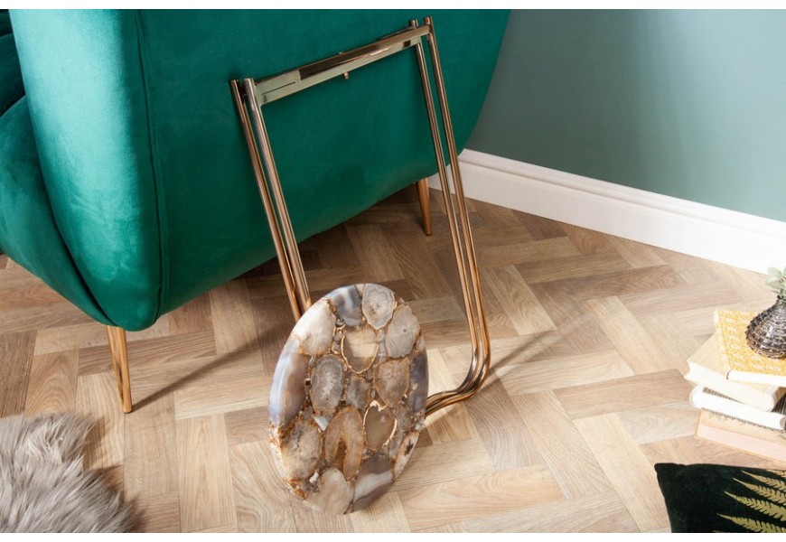 Art deco okrúhly príručný stolík Jaspe so zlatou kovovou podstavou a odnímateľnou doskou z modrého achátu 61 cm