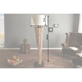 Etno stojaca lampa Euphoria z naplavených konárov s okrúhlym krémovým ľanovým tienidlom a čiernou štvorcovou podstavou 175 cm