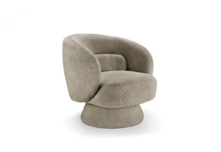 Dizajnové kreslo Elian v taupe sivom odtieni s čalúnením a poťahom z bouclé látky so zaobleným U operadlom a otočnou kruhovou podstavou