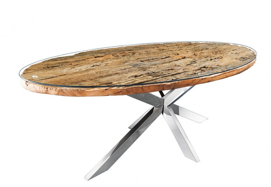 Moderný industriálny oválny jedálenský stôl Barracuda s doskou z masívneho teakového dreva a chrómovou kovovou podstavou 220 cm