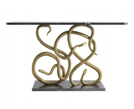 Art deco konzolový stolík Serpente s čiernou mramorovou doskou a základňou s bielymi žilkami so zlatými kovovými hadmi vytvárajúcimi špirálové ornamenty