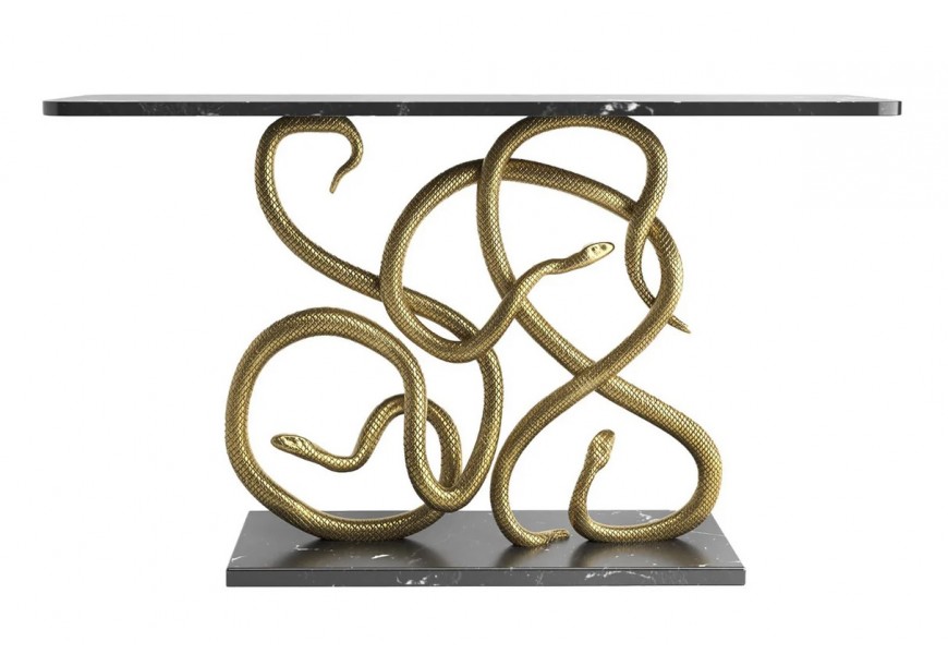 Art deco konzolový stolík Serpente s čiernou mramorovou doskou a základňou s bielymi žilkami so zlatými kovovými hadmi vytvárajúcimi špirálové ornamenty