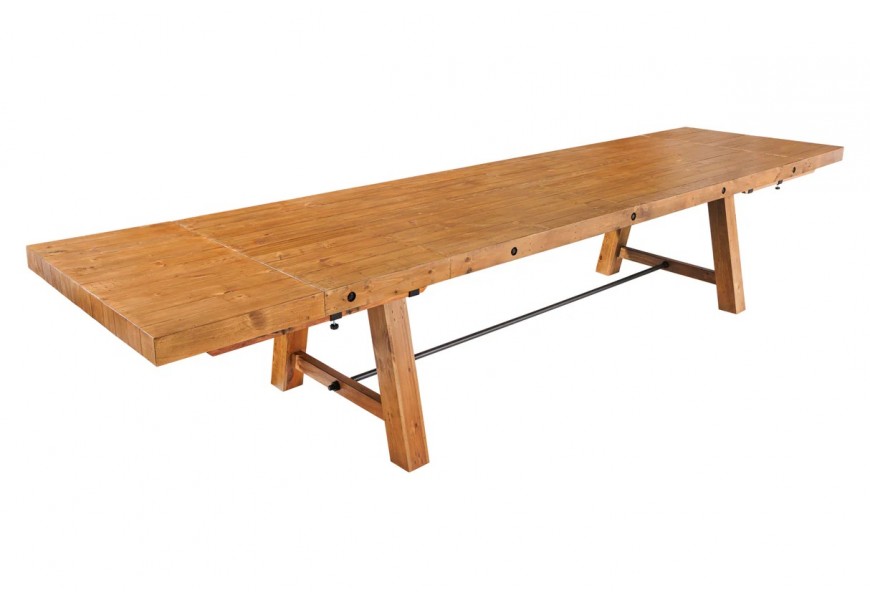 Luxusný masívny industriálny obdĺžnikový rozkladací jedálenský stôl Roseville z hnedého dreva s kovovou výstužou 400 cm