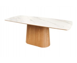Luxusný moderný jedálenský stôl Marmol Lignia s obdĺžnikovou bielou doskou s mramorovým efektom a oválnou podstavou s orechovým drevom s letokruhmi
