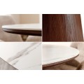 Art deco okrúhly jedálenský stôl Marmol Lignia s bielou mramorovou doskou a tmavohnedou kužeľovou podstavou 120 cm