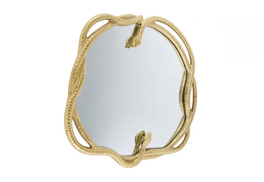 Art deco okrúhle závesné zrkadlo Serpente so zlatým kovovým rámom v tvare hadov 52 cm