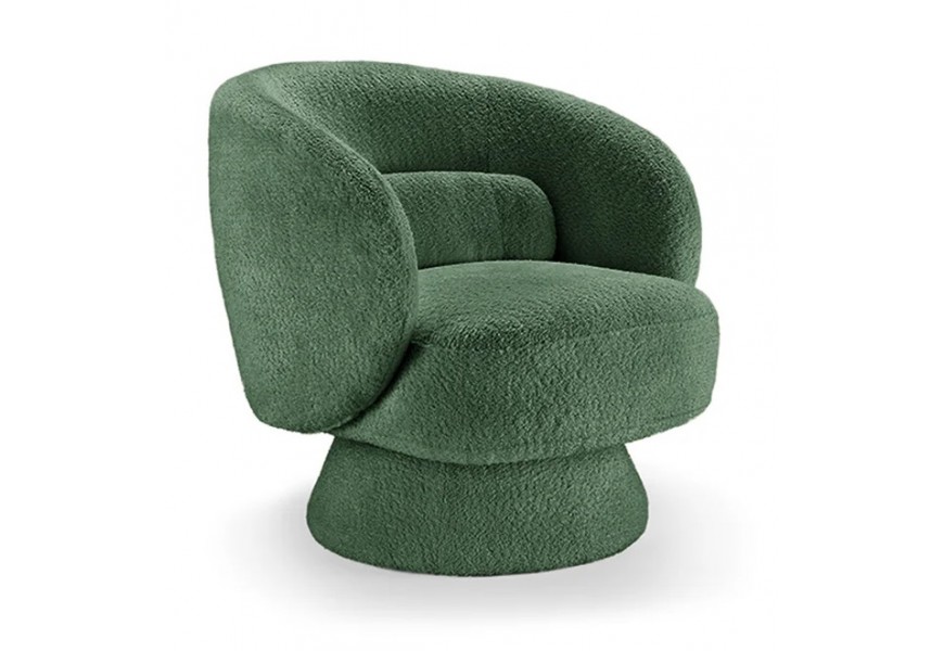 Art deco zelené kreslo Elian s mäkkým poťahom bouclé s otočnou základňou a zaobleným operadlom pre pohodlné sedenie s vankúšom