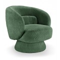 Art deco zelené kreslo Elian s mäkkým poťahom bouclé s otočnou základňou a zaobleným operadlom pre pohodlné sedenie s vankúšom