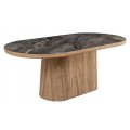 Luxusný art deco stôl Marmol Lignia s tmavosivou mramorovou doskou z dyhovanej keramiky a podstavou v orechovom odtieni so zaoblenými hranami