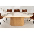 Art deco oválny jedálenský stôl Marmol Lignia s bielou mramorovou doskou a masívnou orechovou podstavou 200 cm