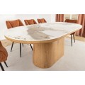 Art deco oválny jedálenský stôl Marmol Lignia s bielou mramorovou doskou a masívnou orechovou podstavou 200 cm