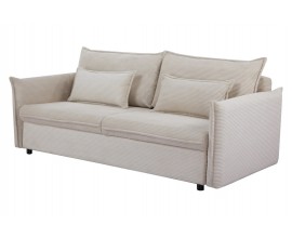 Moderná trojmiestna béžová sedačka Heaven s textilným poťahom s výraznou pruhovanou menčestrovou štruktúrou a dvomi obdĺžnikovými vankúšmi s rozťahovacou funkciou a úložným priestorom