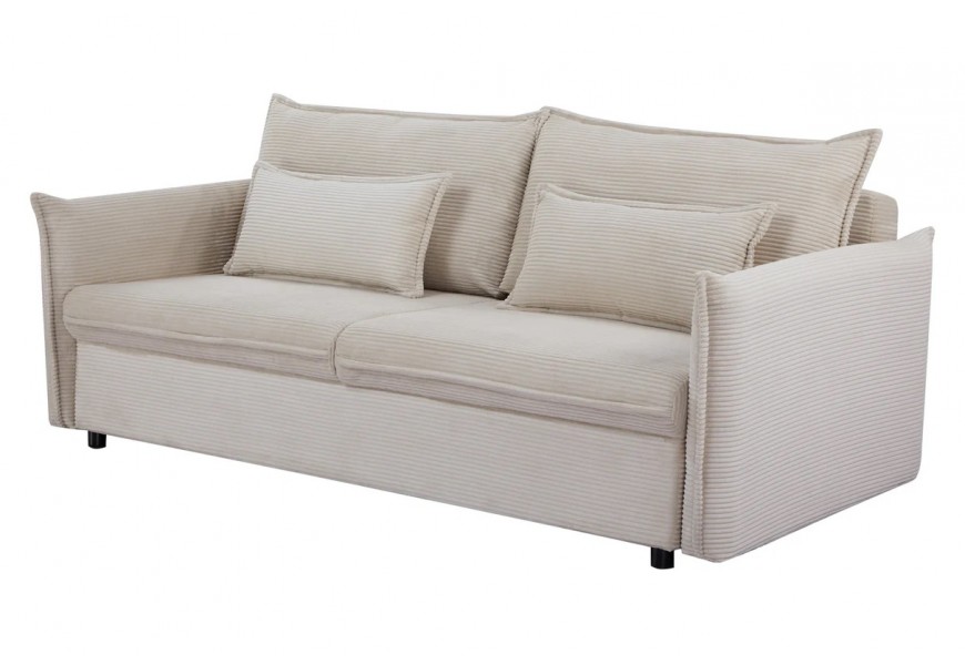 Moderná trojmiestna béžová sedačka Heaven s textilným poťahom s výraznou pruhovanou menčestrovou štruktúrou a dvomi obdĺžnikovými vankúšmi s rozťahovacou funkciou a úložným priestorom