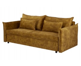 Dizajnová horčicovo žltá zamatová sedačka Heaven s rozťahovacou funkciou a úložným priestorom s dvomi vankúšmi a ozdobným prešívaním na lemoch