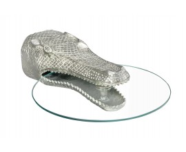 Glamour okrúhly príručný stolík Tierra Glam so strieborným kovovým držiakom v tvare krokodíla a sklenenou doskou 61 cm