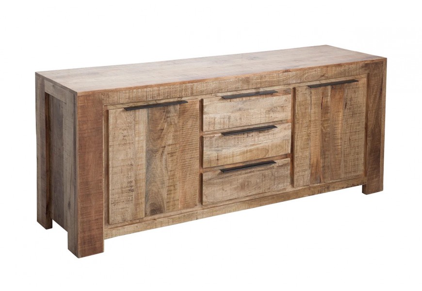 Moderný hnedý obdĺžnikový príborník Steele Craft z masívneho mangového dreva s dvomi dvierkami s tromi zásuvkami s čiernymi úchytkami z kovu obdĺžnikového tvaru so štvorcovými nožičkami