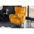 Art deco kreslo Bolte s horčicovým žltým zamatovým poťahom a vysokou chrbtovou opierkou s dizajnom ušiaka 106 cm