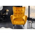 Art deco kreslo Bolte s horčicovým žltým zamatovým poťahom a vysokou chrbtovou opierkou s dizajnom ušiaka 106 cm