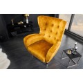 Art deco kreslo Bolte s horčicovým žltým zamatovým poťahom a vysokou chrbtovou opierkou s dizajnom ušiaka 106 cm
